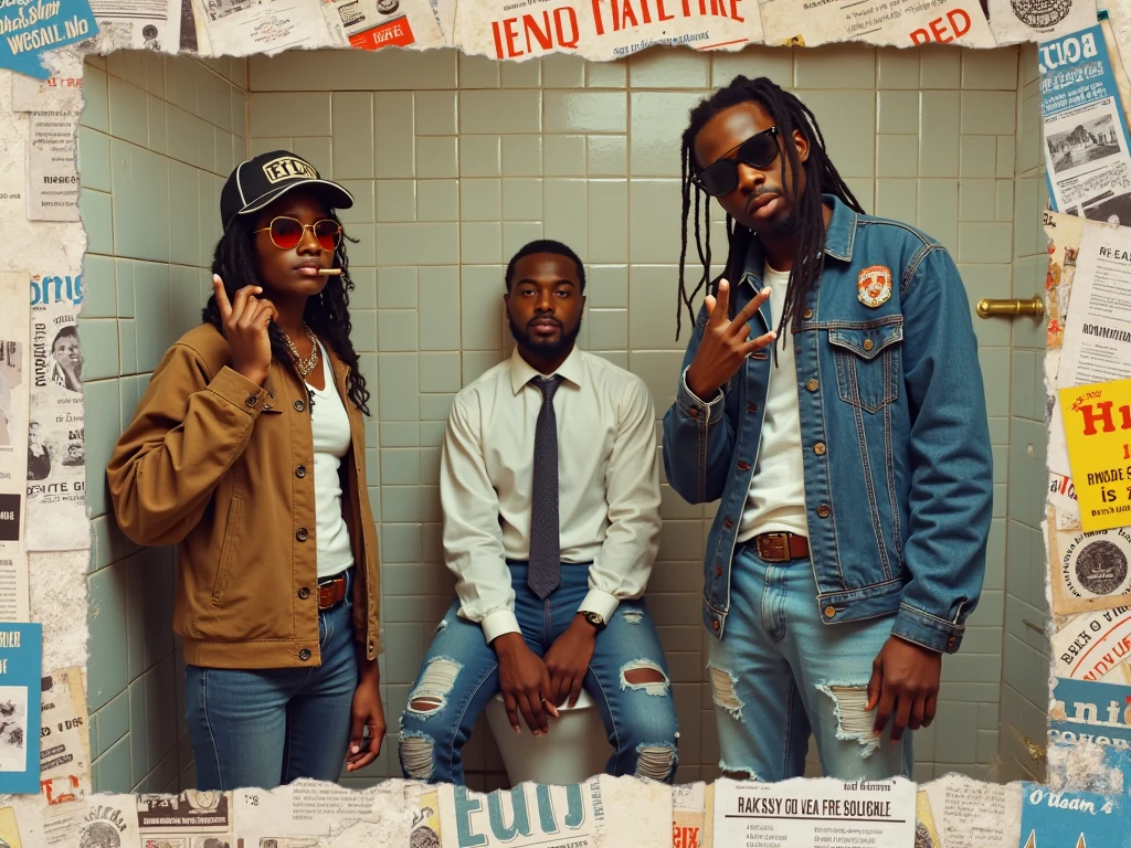 Three college friends captured in a gritty, gallery-style portrait that channels a strong mid-90s aesthetic. On the left, a rebellious young woman stands confidently, a cigar tucked between her lips. She is white, wears a stylish, oversized cap tilted to the side, retro round sunglasses, and loose streetwear typical of the era. On the right stands an African-American guy with long, braided hair, dressed in distressed denim, flashing classic gangster hand signs. He exudes a laid-back yet bold energy. In the center sits a clean-cut white guy—ironically dressed in stiff, formal attire—perched nonchalantly on a worn-out toilet seat. The backdrop features a crumbling wall with aged, cracked tiles and signs of urban decay.
The central trio is framed by a torn paper effect, giving the image a raw, collage-like texture. Surrounding the main scene, the rest of the composition is filled with a chaotic mix of old-school pamphlets, zines, and vintage posters in vibrant hues of blue, yellow, and red. The entire image gives off an underground, rebellious vibe—like a snapshot pulled from the pages of a grunge-era zine, curated for an art gallery wall.