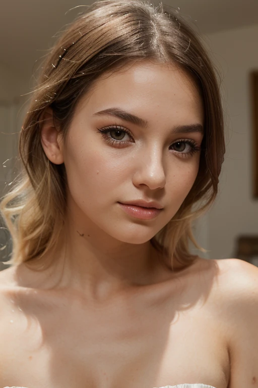 portrait of a woman with light skin color with moles on face, blonde hair with reddish tint with small eyes and thick lips, 20 years old
