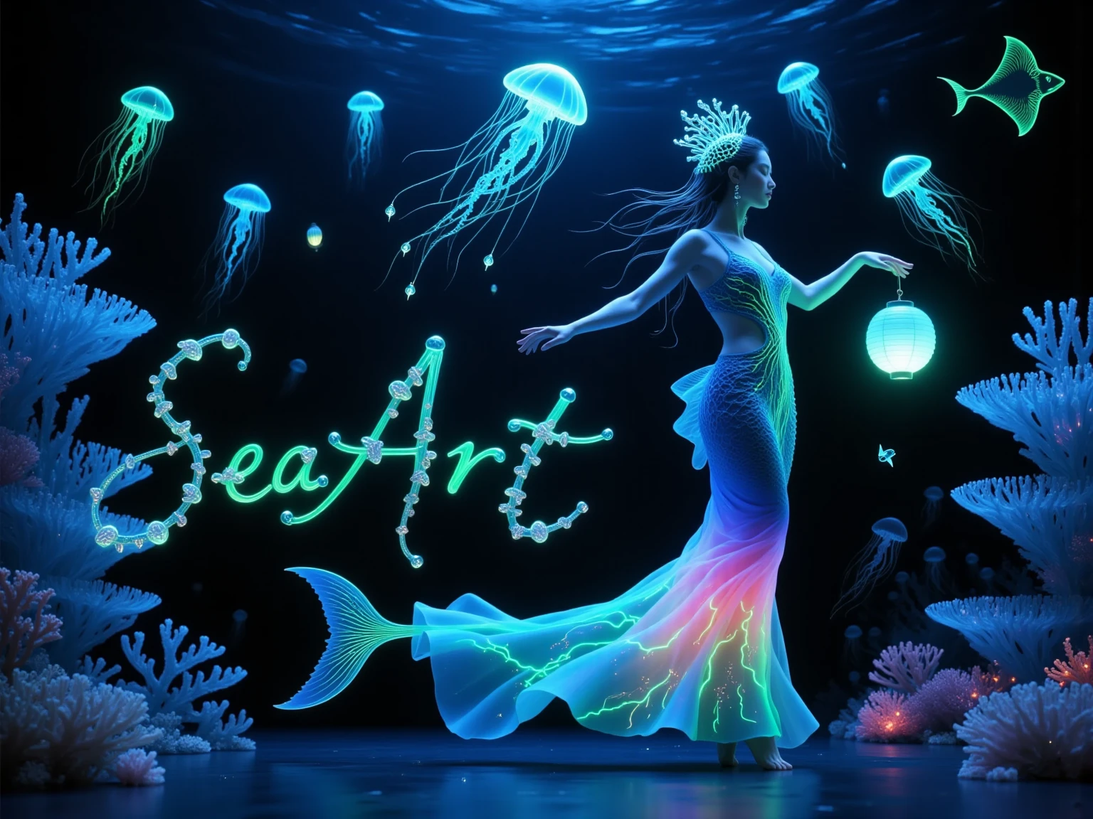 A stunningly realistic black mermaid, with iridescent scales shimmering like opals and diamonds, sits elegantly on a submerged rock, playing a intricately carved, glowing harp under the celestial glow of a full moon, amidst a kaleidoscope of aquatic life, with seaweed swaying to the melody, in a lush 3D render, boasting razor-sharp focus, hyper-realistic portraits, and an ultra HD, vibrant palette of turquoise, sapphire, and emerald hues, with an exaggerated sense of drama, crafted using cutting-edge 3D modeling, Octane rendering, V-Ray, and Unreal Engine, evoking an otherworldly, cinematic atmosphere.
