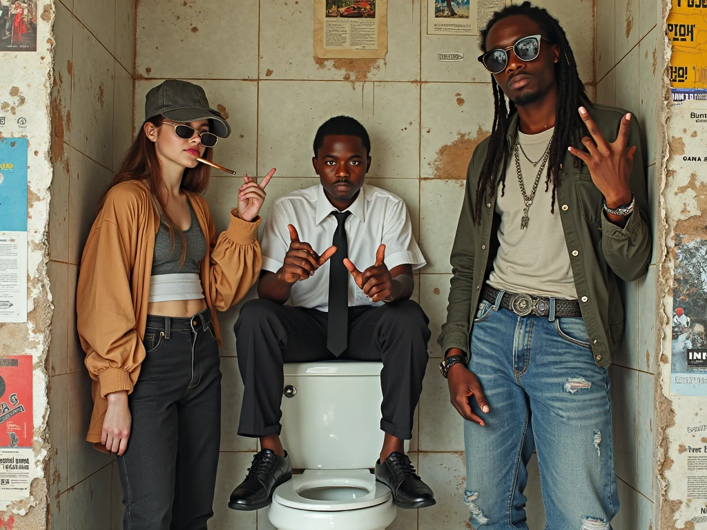 Three college friends captured in a gritty, gallery-style portrait that channels a strong mid-90s aesthetic. On the left, a rebellious young woman stands confidently, a cigar tucked between her lips. She is white, wears a stylish, oversized cap tilted to the side, retro round sunglasses, and loose streetwear typical of the era. On the right stands an African-American guy with long, braided hair, dressed in distressed denim, flashing classic gangster hand signs. He exudes a laid-back yet bold energy. In the center sits a clean-cut white guy—ironically dressed in stiff, formal attire—perched nonchalantly on a worn-out toilet seat. The backdrop features a crumbling wall with aged, cracked tiles and signs of urban decay.
The central trio is framed by a torn paper effect, giving the image a raw, collage-like texture. Surrounding the main scene, the rest of the composition is filled with a chaotic mix of old-school pamphlets, zines, and vintage posters in vibrant hues of blue, yellow, and red. The entire image gives off an underground, rebellious vibe—like a snapshot pulled from the pages of a grunge-era zine, curated for an art gallery wall.