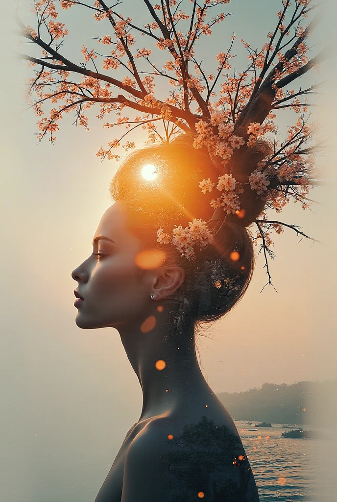 high quality, 8K Ultra HD, A beautiful double exposure that combines an goddess silhouette with sunset coast, sunset coast should serve as the underlying backdrop, with its details incorporated into the goddess , crisp lines, The background is monochrome, sharp focus, double exposure, by yukisakura, awesome full color,
