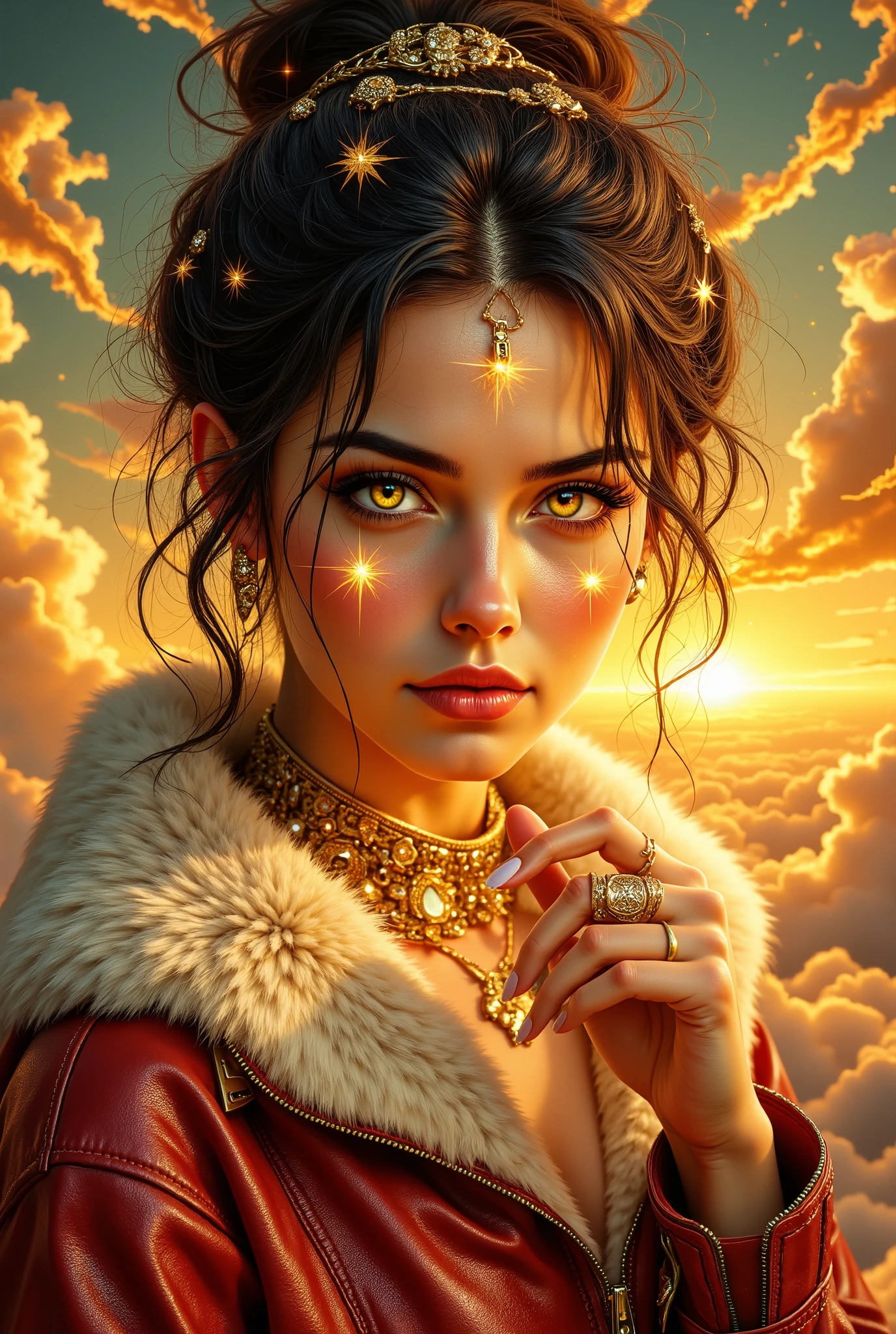 Oil painting, Girl in Beautiful Clothes with Jewelry, her Clothes Made of Leather and Beautiful Wild Fur, bright beautiful eyes like something otherworldly, A magical image of beauty and splendor, Bright colors that consider sexuality and originality, magic flows through her veins like a river and at the end sparkling zippers protrude at the fingers, great painting , in the Heavenly Rays of Cloud, fantasy style, high quality, Maximum of details, difficult details, 8k, masterpiece, BSDF hair, diffuse BSDF,