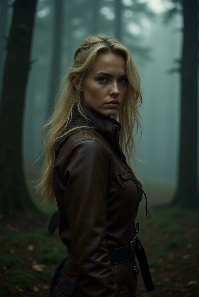 A 30 year old woman, blonde, seductive and rebellious, with dark brown eyes, intenses et charmants. Elle s'amuse de son public, son expression est pleine d'assurance et de mystère. Son style est inspiré de Robin des Bois, avec une tobe et avec une touche sexy – vêtements en cuir ou dans des tons forestiers, slightly disheveled but elegant. She is standing in a dark and misty forest, with dark brown eyes and a dark look {x} with towering trees and a mysterious ambiance. The lighting is cinematic, with dramatic shadows. She exudes a powerful and intriguing aura, comme une héroïne insaisissable en mission secrète.