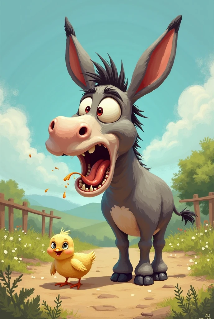 draw a donkey whose first two legs are in air and other on ground and draw a hens wings fallen on the ground. 