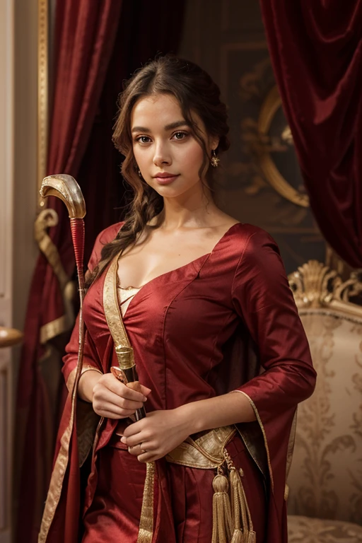 a human with a female eagle head, curly eyelashes, wearing elegant red royal clothes, with a scepter in her hand. Royal background