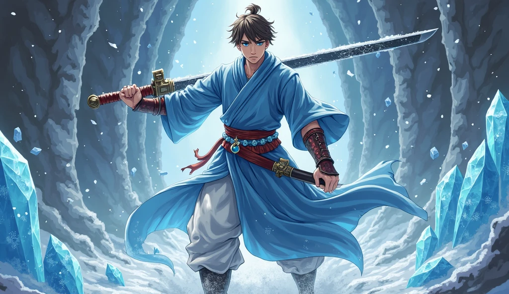 “Fantasy Action Scene. Anime Style. An underground temple with lot’s of large blue crystals coming from the ground. Full Body. A Dynamic action panel of a Pale-Toned, White Male Monk Warrior holding a long sword with a thick black blade that radiates snow and ice in his right hand. A snowy aura surrounds the blade. Have him with short brown hair and bright blue eyes. Have him wearing a slim blue outfit with red metallic accents. Have him with red and blue metallic protective gear. “He has Detailed, defined stomach hair.” Slim, Toned body. Intimidating, Confident, and Masculine. An icy and snowy aura surrounds the body. Have the image be Highly Detailed. Have the face with extreme, precise details, 8K, HD.”