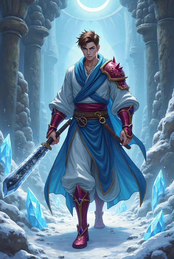 “Fantasy Action Scene. Anime Style. An underground temple with lot’s of large blue crystals coming from the ground. Full Body. A Dynamic action panel of a Pale-Toned, White Male Monk Warrior holding a long sword with a thick black blade that radiates snow and ice in his right hand. A snowy aura surrounds the blade. Have him with short brown hair and bright blue eyes. Have him wearing a slim blue outfit with red metallic accents. Have him with red and blue metallic protective gear. “He has Detailed, defined stomach hair.” Slim, Toned body. Intimidating, Confident, and Masculine. An icy and snowy aura surrounds the body. Have the image be Highly Detailed. Have the face with extreme, precise details, 8K, HD.”