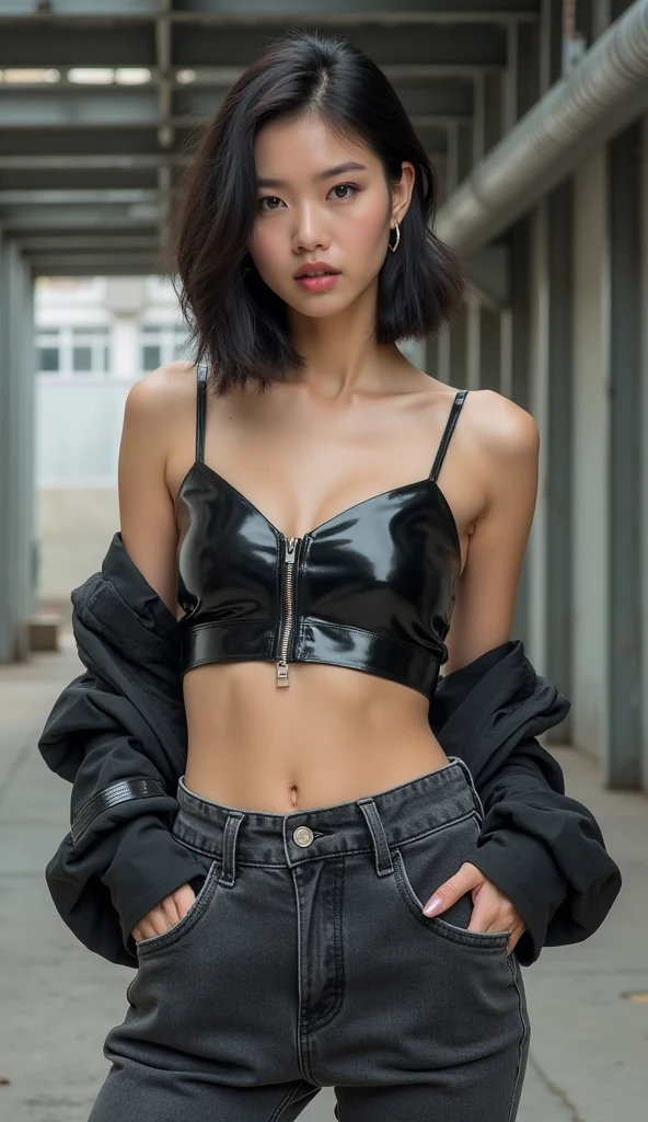 最high quality, 8k, Vibrant, Sharp focus, high quality, High resolution, Middle-aged women, Mature Woman, 55 years old, (Whole Body Ezbian), (High heels face detail, Highly detailed eyes, Plump figure、Plump face、((big 1.6))、(((Large Breasts)))、((Black leather clothing))、Busy Street、Random Hairstyles、A kind smile、