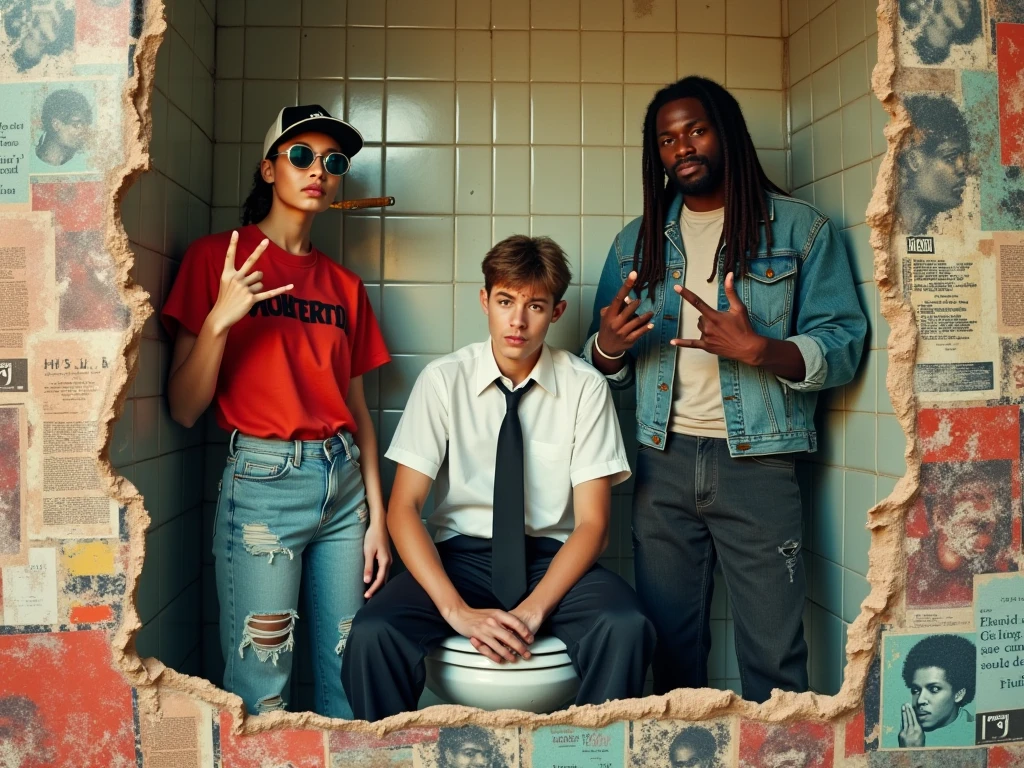 Three college friends captured in a gritty, gallery-style portrait that channels a strong mid-90s aesthetic. On the left, a rebellious young woman stands confidently, a cigar tucked between her lips. She is white, wears a stylish, oversized cap tilted to the side, retro round sunglasses, and loose streetwear typical of the era. On the right stands an African-American guy with long, braided hair, dressed in distressed denim, flashing classic gangster hand signs. He exudes a laid-back yet bold energy. In the center sits a clean-cut white guy—ironically dressed in stiff, formal attire—perched nonchalantly on a worn-out toilet seat. The backdrop features a crumbling wall with aged, cracked tiles and signs of urban decay.
The central trio is framed by a torn paper effect, giving the image a raw, collage-like texture. Surrounding the main scene, the rest of the composition is filled with a chaotic mix of old-school pamphlets, zines, and vintage posters in vibrant hues of blue, yellow, and red. The entire image gives off an underground, rebellious vibe—like a snapshot pulled from the pages of a grunge-era zine, curated for an art gallery wall.
