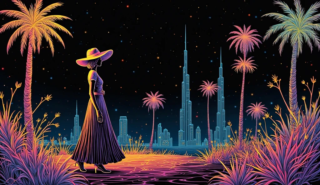 A full-scene illustration in a hand-drawn rainbow line art style on a solid black background. The central focus is a woman in a flowing dress walking sideways along a path between tall buildings and stylized trees. The woman is drawn in side profile, wearing a modest, elegant one-piece dress and a wide-brimmed hat. Her figure is outlined in soft gradient rainbow lines. Surrounding her are abstract floral elements, exotic plants, and faint outlines of tall, modern skyscrapers resembling Dubai. The overall composition is whimsical and dreamy, with delicate lines and layered silhouettes in rainbow colors, creating a magical city night atmosphere. No text, no shadows, no shading — only clean colorful line art over the deep black background.