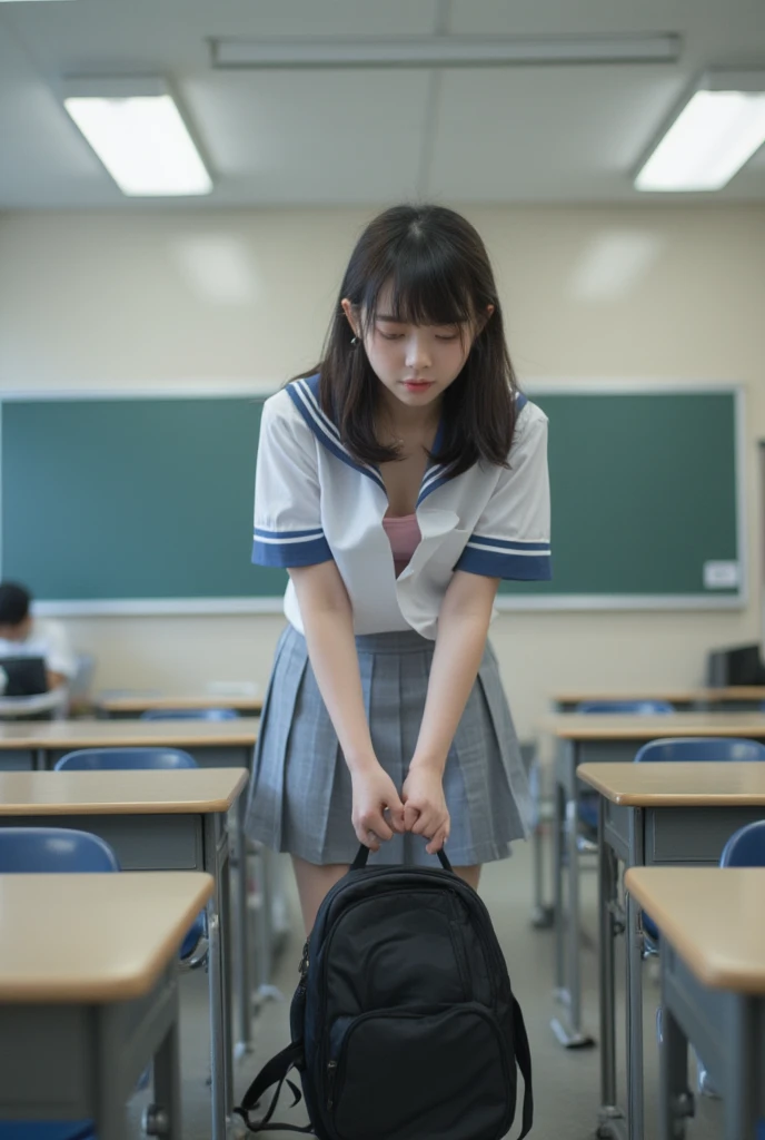 Lift up your skirt、Showing panties、、Black Hair、Showing panties、Lift up your skirt、Pull up your skirt、Condescending expression、School classroom