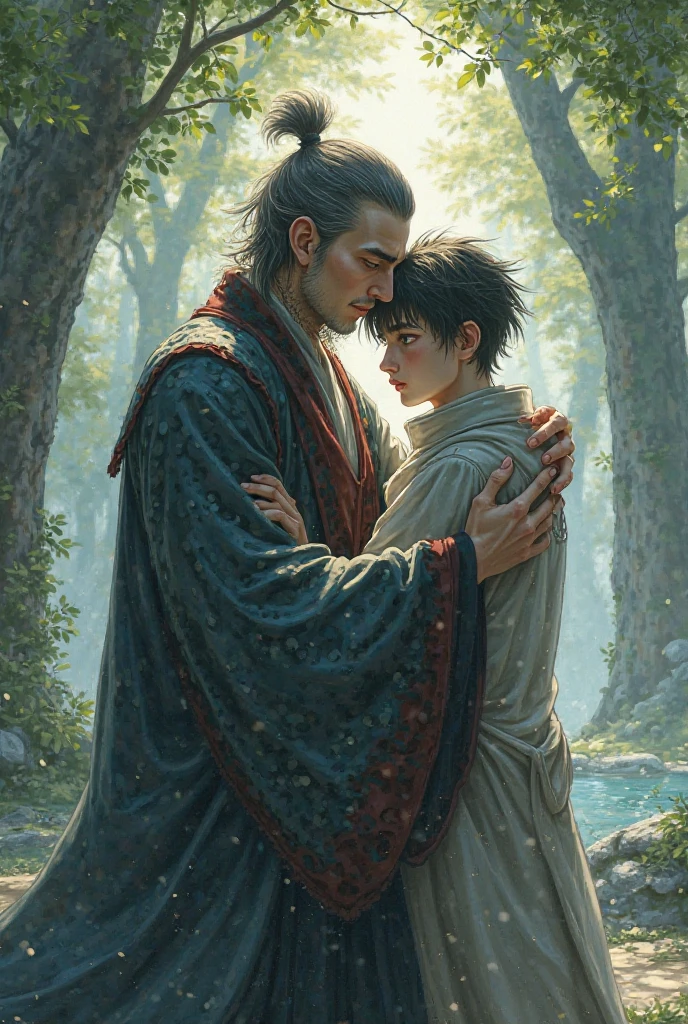 Create me a very cool gojo satoru and yuji itadori huging