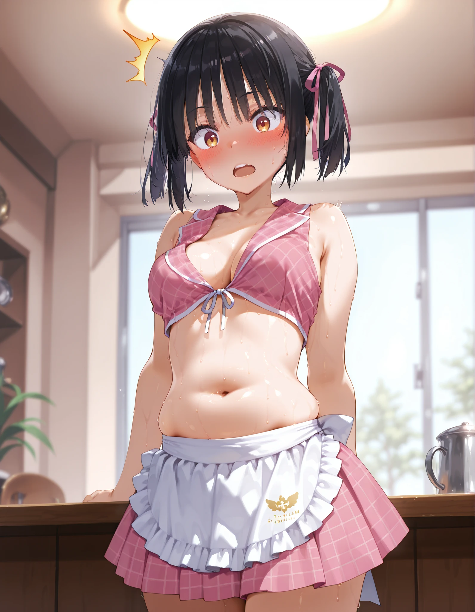 score_9, score_8_up, score_7_up, masterpiece,top quality,newest,
shiki natsume , Cafe Stella and Reaper's Butterflies , Muririn ,
black hair , bungs , blunt ends , , and the eyes are ,
waitress , pink shirt , stripe shirt , pink miniskirt , pleated skirt , pink plaid skirt , waist apron , white ruffle apron , sleeveless、
clothes with a lot of exposure、
(front-tie top, belly button:1.3)、
viewers、cowboy shot、
blurry background、Cafe Background、
( surprised、is embarrassing、blush、sweat:1.3)、twin tails、ribbon、