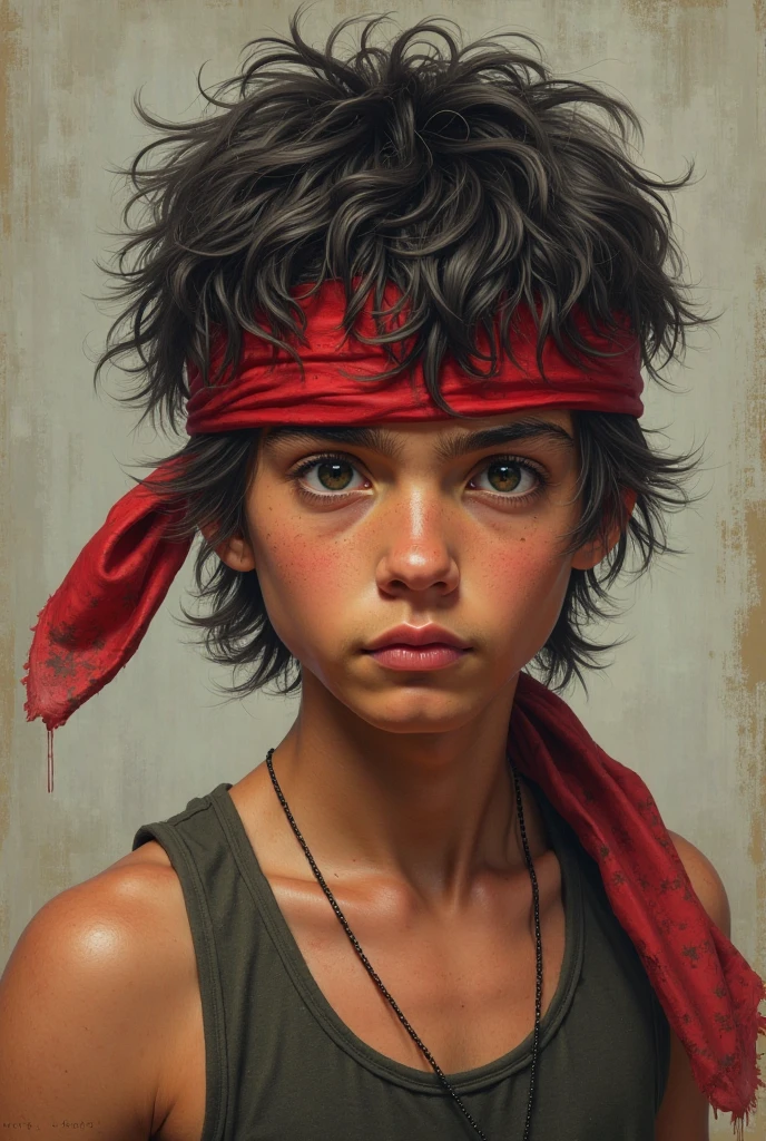 Realistic John Rambo as a skinny (no muscles at all), youthful, and cute ager. , shaggy wolfcut, and his famous red bandana.