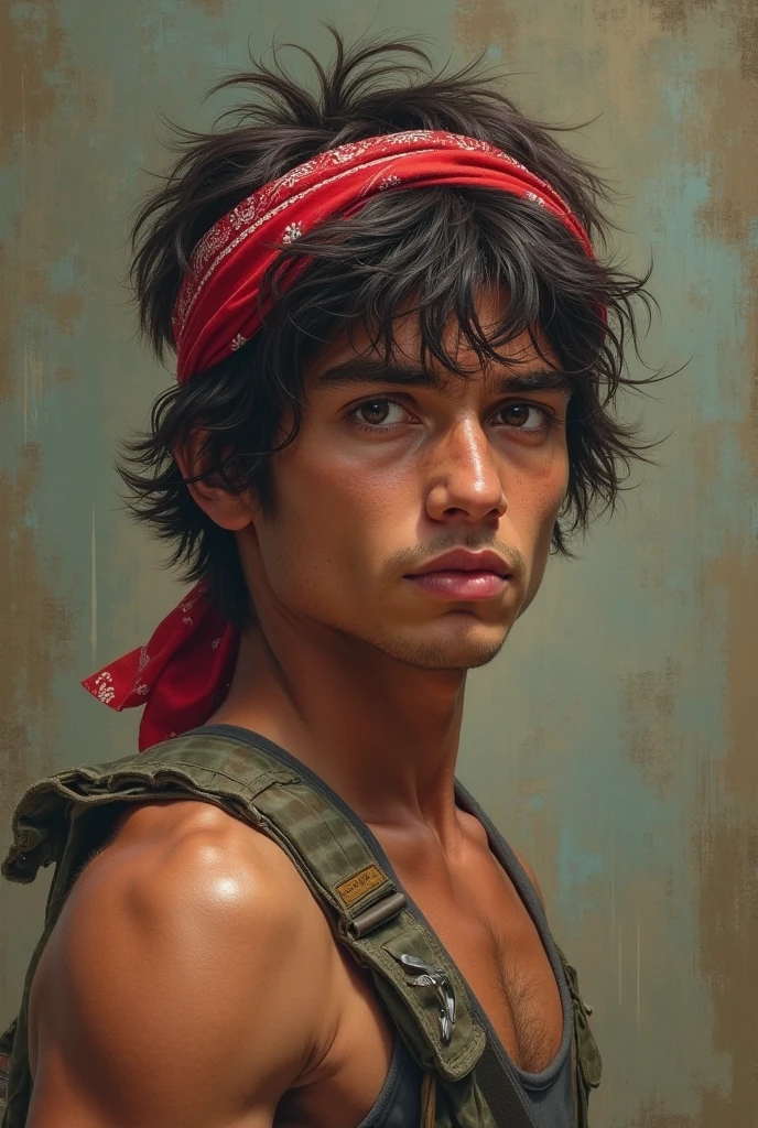 Realistic John Rambo as a skinny (no muscles at all), youthful, and cute ager. , shaggy wolfcut, and his famous red bandana.