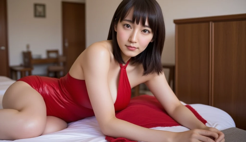 close-up of beautiful Japanese, Yanagi Yurina is a Japanese actress and model, Kana is a female character Junpei Think Again 2018 Japanese action movie, age 22 years old girl, youthful face, white skin body, perfect body, very rapunzel long hair, standard black hair, her hair is very straight and smoth, flat bangs hair, 34 inches breasts size, wearing a plain standard bright red strapless tube top, wearing a tight plain standard bright white spandex boyshort pant short leggings, sexy looking pose, pose a naughty look, pose looks seductive, at the boyfriend bedroom, boyfriend bedroom background, UHD