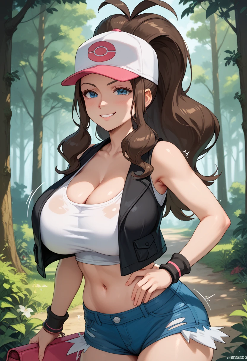 score_9, score_8_up, score_7_up, score_6_up, BREAK Hilda's mom from pokemon, wearing hiking outfit, backpack, cleavage, medium breasts, seductive smirk, hands holding own hips, sweating, wide hips, big ass, in a forest, jeans, long sleeved shirt