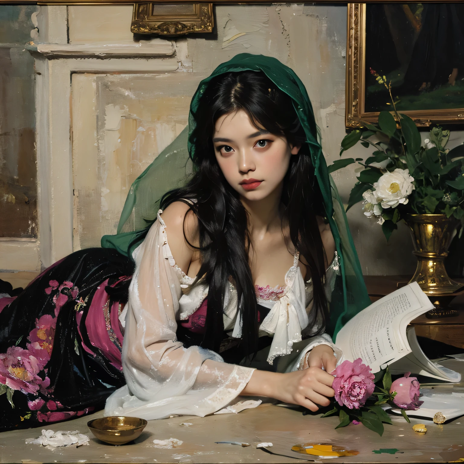 (oil painting:1.5), \\ a woman with (long curtly hair ), ((green eyes)) is lie on the ground in veil, peony, (amy sol:0.248), yellow, with skirt,(stanley artgerm lau:0.106), (a detailed painting:0.353), (gothic art:0.106)
