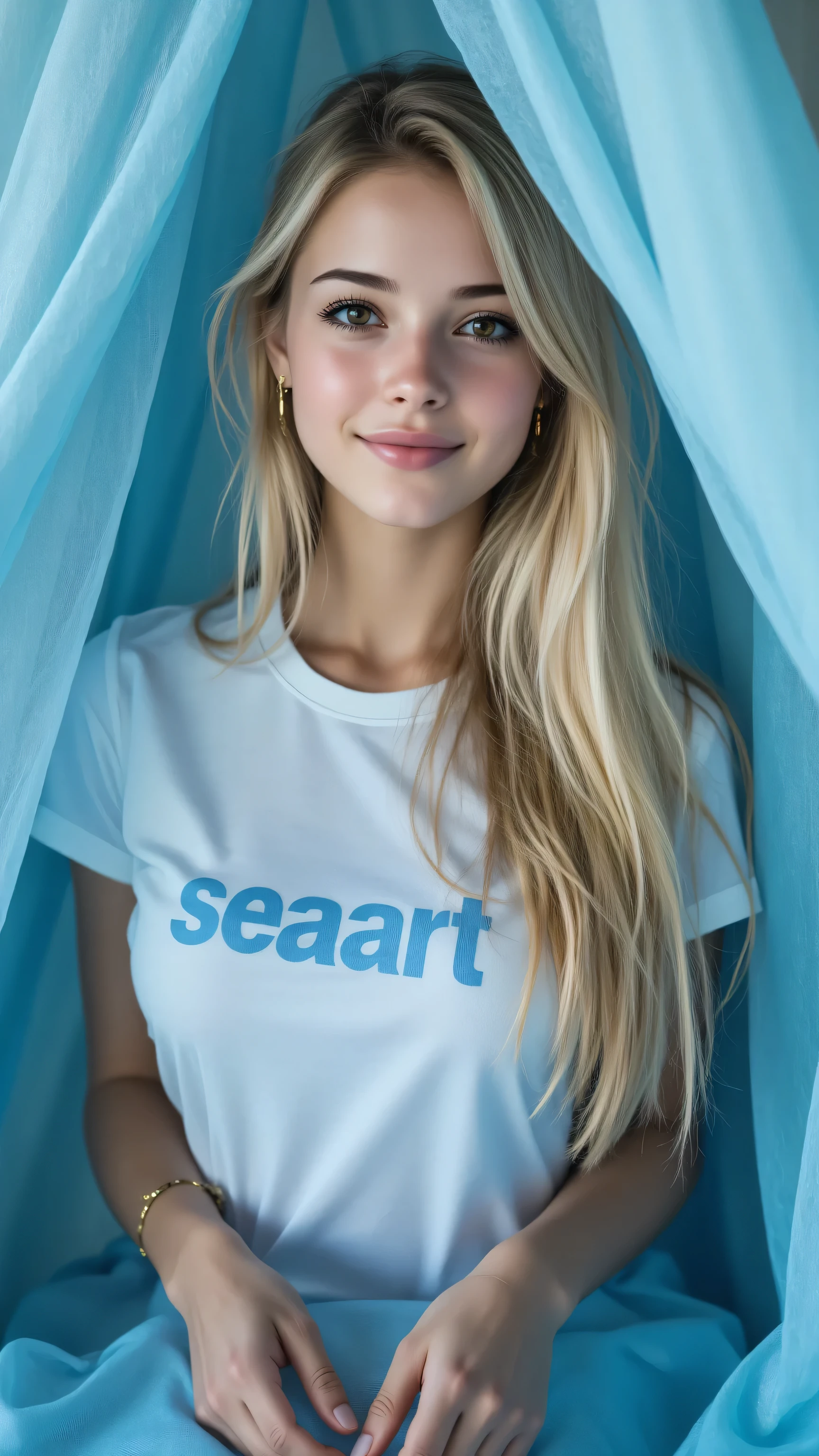 Blue organza ceiling, Lightweight and dreamy , seaart ,A woman wearing a T-shirt with "seaart" written on it.