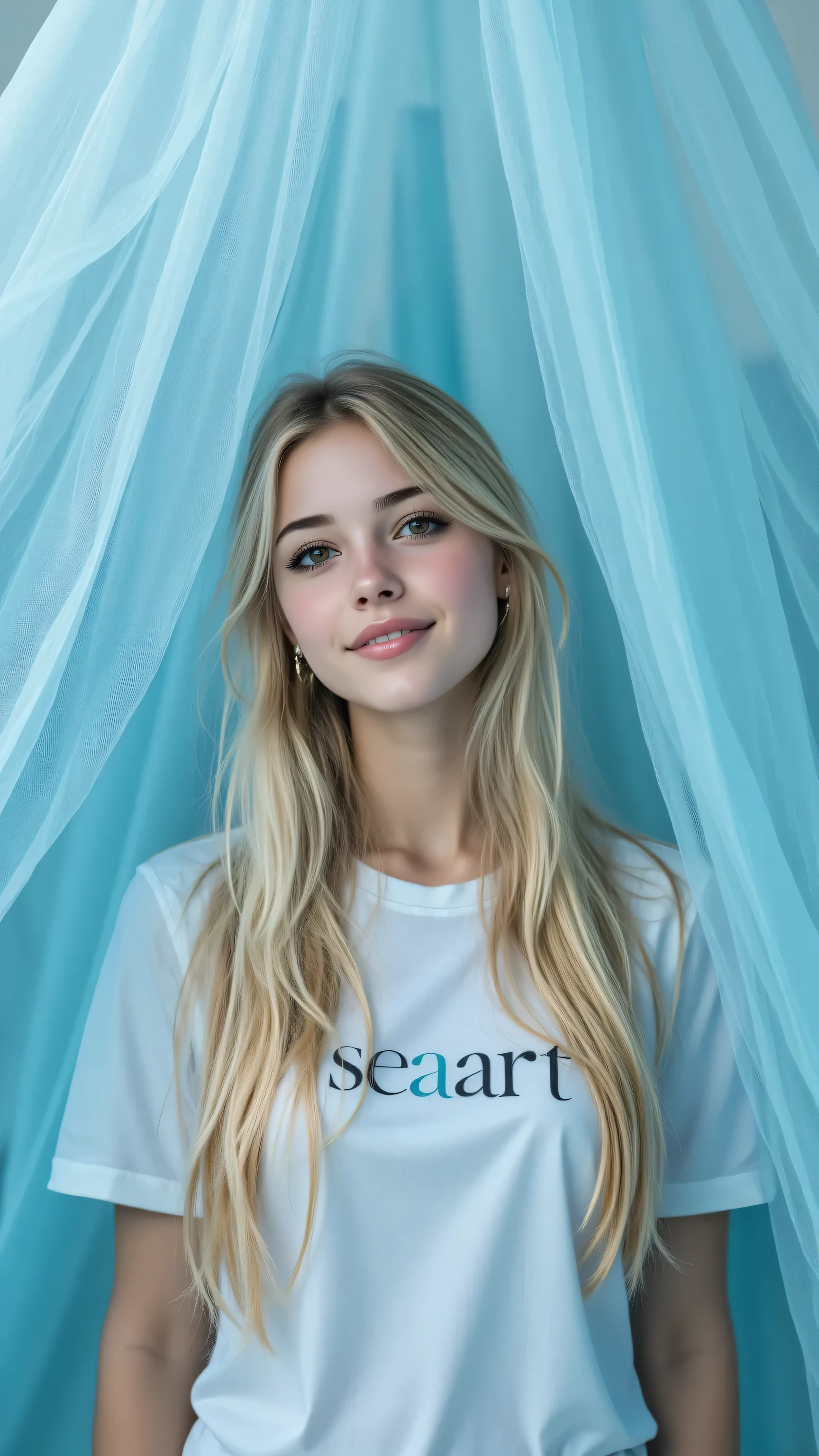 Blue organza ceiling, Lightweight and dreamy , seaart ,A woman wearing a T-shirt with "seaart" written on it.