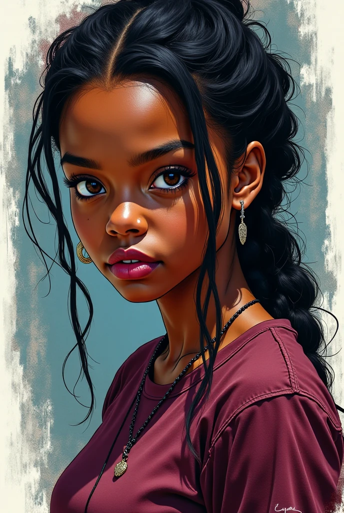 draw me a 18 year old african American girl in Marvel comic Art style. She has braids and black downturned eyes. She's dressed in an old burgundy shirt and looks rough.