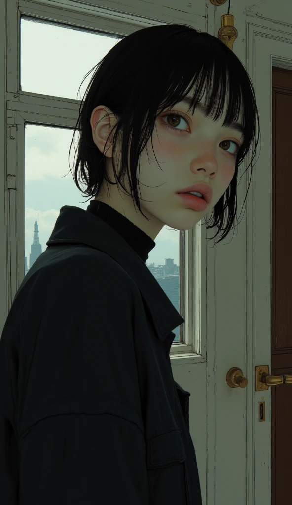 short disheveled black hair,luxury liner, Subtle Shadows, A listless atmosphere、