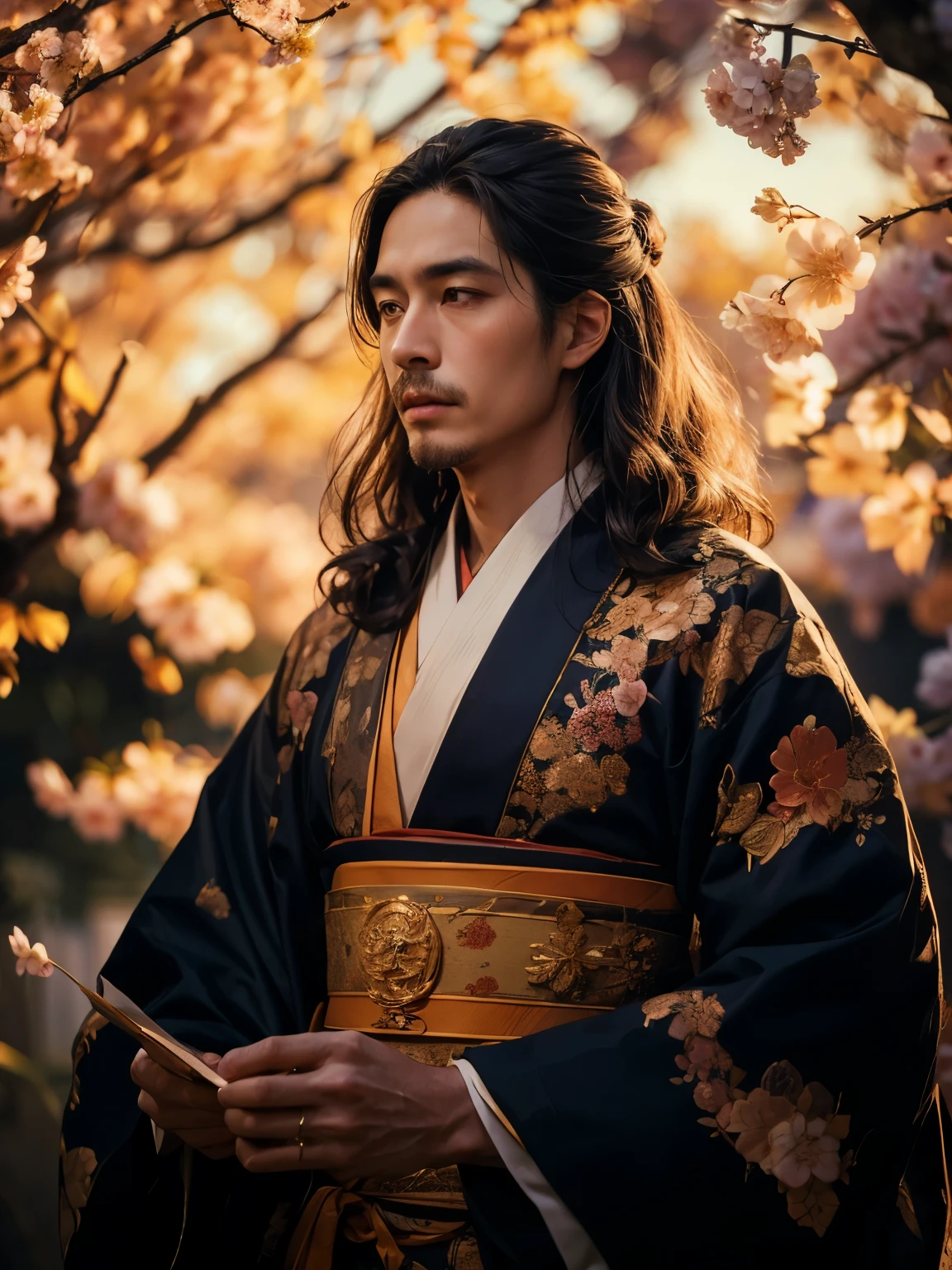 top quality、very detailed、A male bureaucratic aristocrat、He's Japanese、he wears a noble Japanese suit、he's composing poems、Cherry Blossom Season