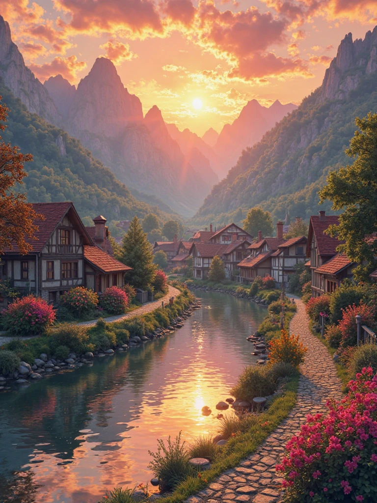 a small village by the river, mountains in the background, floral flowers colorful, detailed landscape, Beautiful natural landscapes, atmospheric lighting, scorching sunset, warm colours, practical, photopractical, Detailed Foliage, complex buildings, cobblestone street, Charming country house, swirly vibrant colors, lush vegetation, Still water reflections, Picturesque, idyllic, work of art, best qualityer, 8k, extremely detaild,anime styling perfect  russian girl, 

18 years old,

thin, (wasp waist:1.3), (Beautiful and nubile body :1.3), ( toned abdomen :1.2), 

( black hair:1.2), pig tails,

 shiny full lips ,

 big breasts , (large  perfect  round fake breasts:1.0),  Erect nipples,  VERY LARGE HAIR ,

( perfect  Hands),  white nail polish , 

 perfect ,  Thick round ass ,  heart-shaped butt ,  perfect  ass

wearing a skin tight sports bra,  sports skirt that exposes white cotton panties,

 standing in a well-lit gym ,  inside a vibrant gym  ,  80s workout vibe 