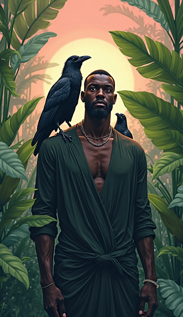 Black man 23 years old in the jungle. Bald man. Man with a plain purple bandana on his head