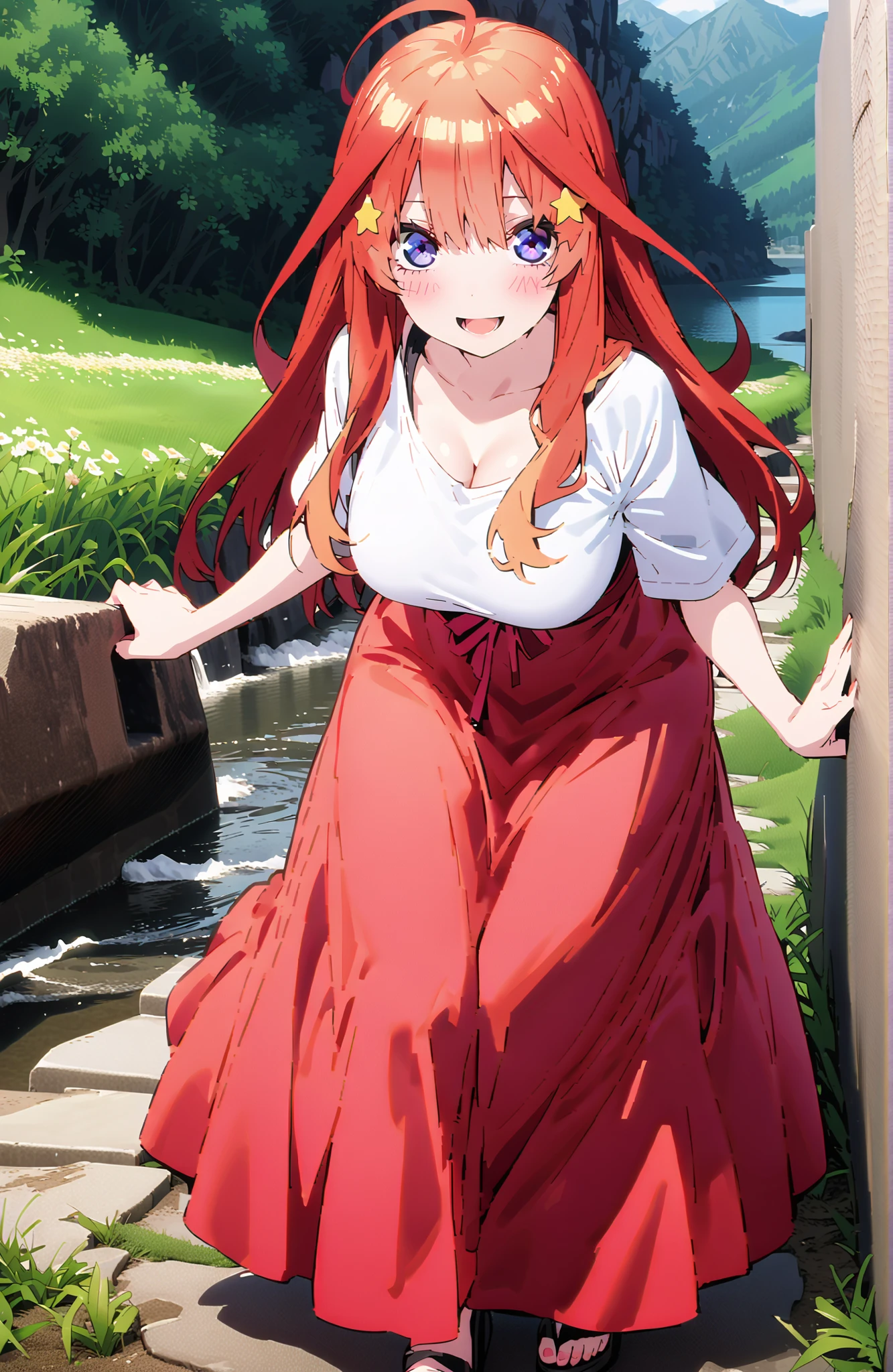 score_9, score_8_up, score_7_up, sauce_anime,Nakano Mizuki , long hair,solo,stupid hair blue eyes, Hair Ornament, red hair,star ( symbol ),star Hair Ornament,Big Breasts,cleavage,smile,blush,open your mouth,white oversized t-shirt, one shoulder, red long skirt,sandals,on black motorcycles,The long skirt is swaying in the wind , holding down a long skirt with both hands,bending forward,is standing,Flower Field,river,Mountain, Compa,noon,full bodyがイラストに入るように,壊す looking at viewer,full body,
destroy the outdoors,nature,
wallpaper,(shape:0.8),( fine, beautiful eyes :1.6),It's a person ,full body写真,CG Details , (perfect hand,Complete Anatomy),