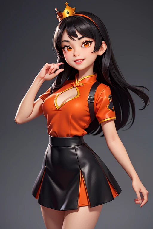 (lifelike,high resolution:1.3), A slim girl, The face shape and eyes are super delicate,black hair,red glossy lips,(beautiful face), (best quality), (Super detailed), (Extremely detailed CG unified 8k wallpaper),Orange cheongsam,A little cleavage,black skirt,orange eyes,Female dealer,crown,Smile,Show teeth