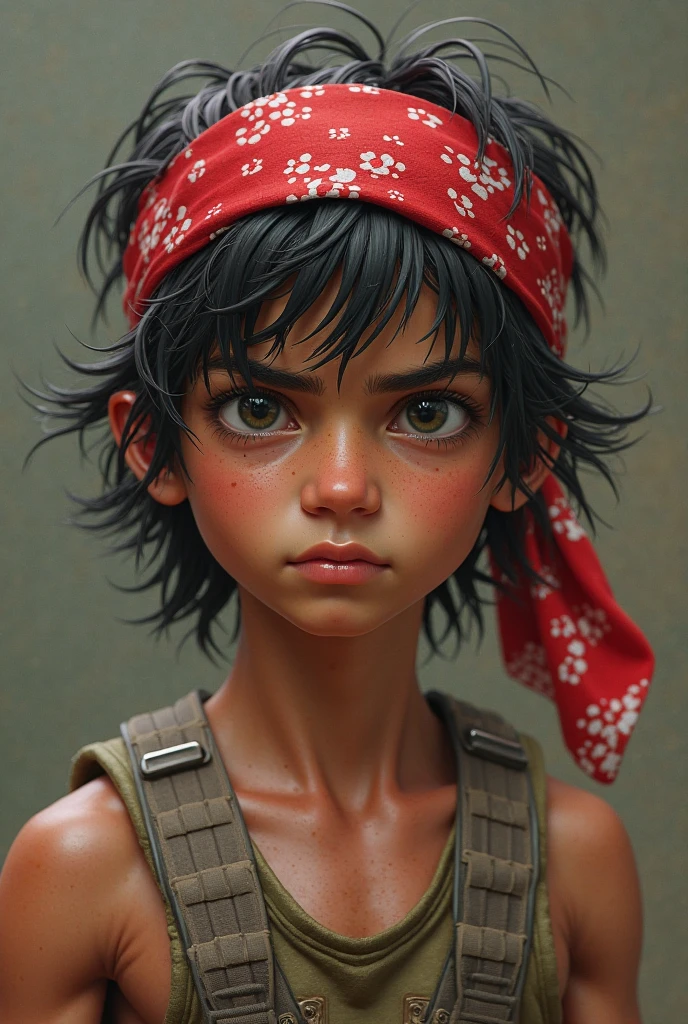Realistic John Rambo as a skinny (no muscles at all), youthful, and cute ager.  with a messy hair, and his famous red, plain bandana. With his usual grumpy expression.