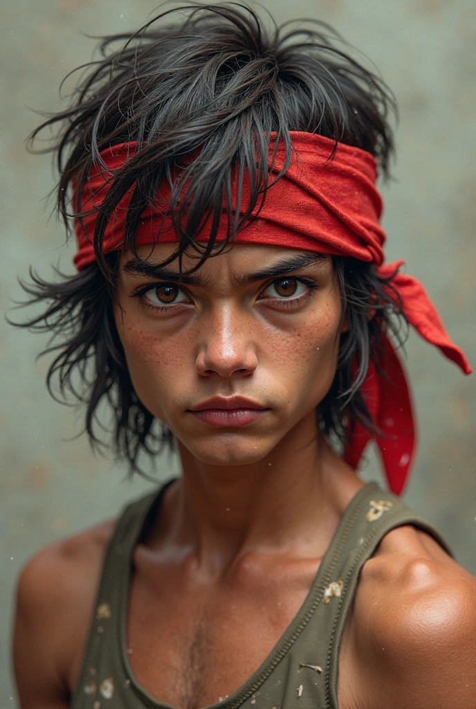 Realistic John Rambo as a skinny (no muscles at all), youthful, and cute ager.  with a messy hair, and his famous red bandana. With his usual grumpy expression.