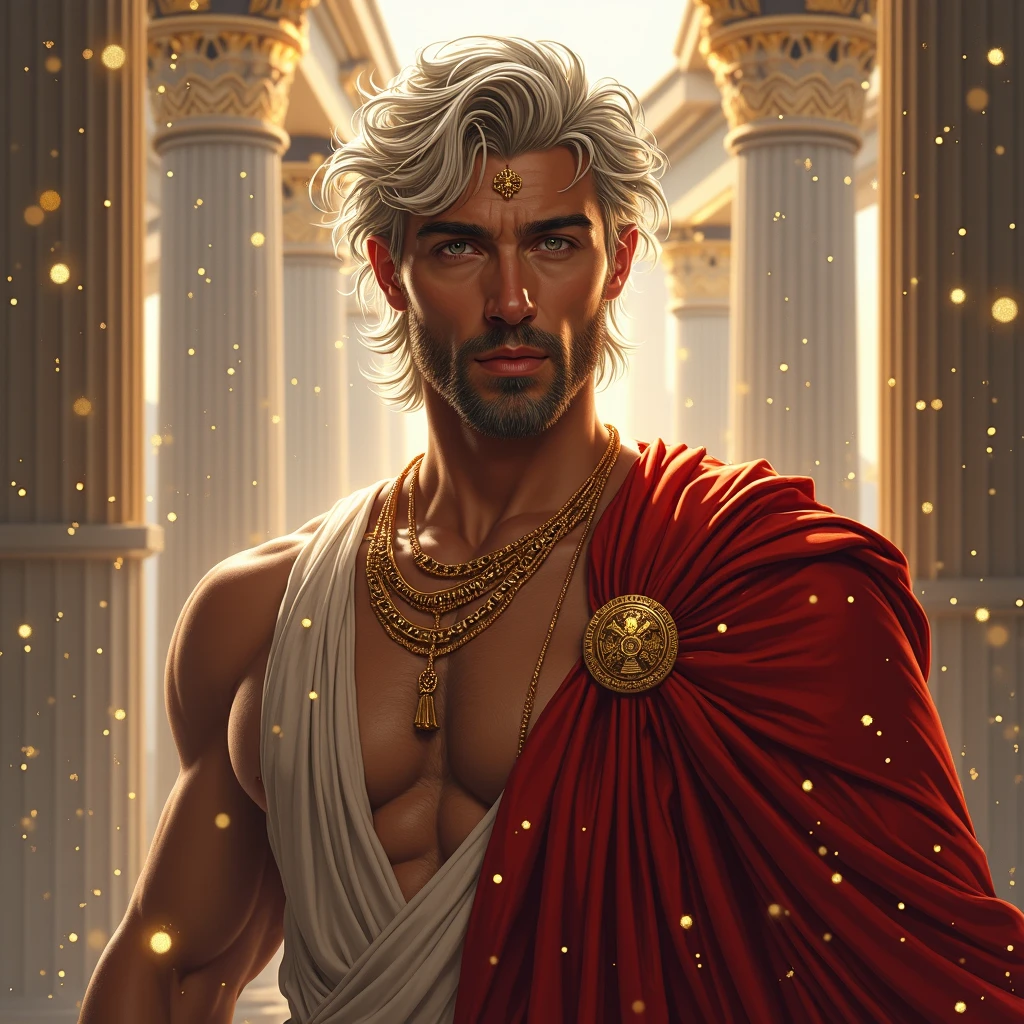 ((artwork)) ((Body completo)) ((30-year-old male)) Body:  brown skin , high, muscular, ((Body hair)) (( platinum ruby hair )) male face, beard, beautiful eyes, detailed eyes ((golden eyes)). expression:  seductive, sonrisa  seductive. Clothes:  red Greek cape , that blanco,  gold ornaments ,  Greek prince ornaments . pose: dynamic. Scene: Greek temple, Greek columns. Decoration:  winter, Decoration de  winter brillante,  wonderful lighting . 