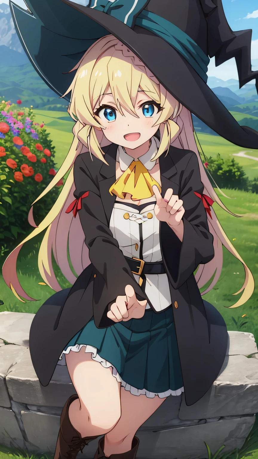{{{masterpiece}}}, (best quality:1.5), (ultra-detailed:1.5), {illustration}, {{an extremely delicate and beautiful}}, (beautiful detailed eyes:1.6), absurdres, highres, extremely detailed face, 16k, hd, visual anime de uma jovem mulher, extremamente bonito rosto de anime, anime melhor garota, (perfect hands, perfect anatomy), anime face, Aizawa Azusa (Slime Taoshite 300-nen, Shiranai Uchi ni Level Max ni Nattemashita), aizawaazusa, 1girl, solo, cute face, long hair, blonde hair, very long hair, braid, (low-tied long hair:1.3), sidelocks, hair between eyes, blue eyes, slender, medium breasts, big hips, curvaceous, BREAK, witch, witch hat, (witch coat:1.2), black coat, long sleeves, wide sleeves, juliet sleeves, (gray lining:1.2), open coat, white shirt, detached collar, yellow ascot, strapless, black belt, green skirt, mini pleated skirt, (microskirt:1.5), white petticoat, bare legs, brown boots, Cross-laced shoes, knee boots, lace-up boots, BREAK, cute face, open mouth, smiling, pointing, dancing, jumping, from above, outdoor, mountain, forest, flower garden, (cute gestures:1.2), dynamic pose, dynamic angle, mysterious, fluttering skirt