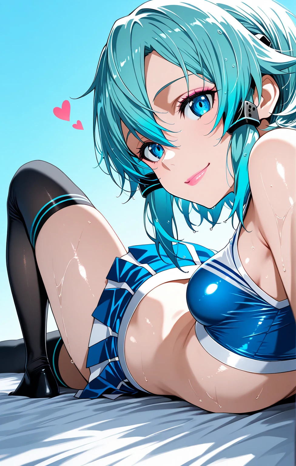 (masterpiece:1.2), best quality, high resolution, unity 8k wallpaper, (illustration:0.8), (beautiful detailed eyes:1.6), extremely detailed face, perfect lighting, extremely detailed CG, (nymph \(sora no otoshimono\), blue hair, long hair, twintails, blue eyes, short stature, small breast, solo,), sitting, spread legs, cameltoe, no bra, show off nipple, nipple, torn clothes, front open clothes, open-breast clothes, spread vagina, gleaming skin, moist skin, embarrassed, open mouth, noon, in the beach, from below, looking at viewer, happy smile,