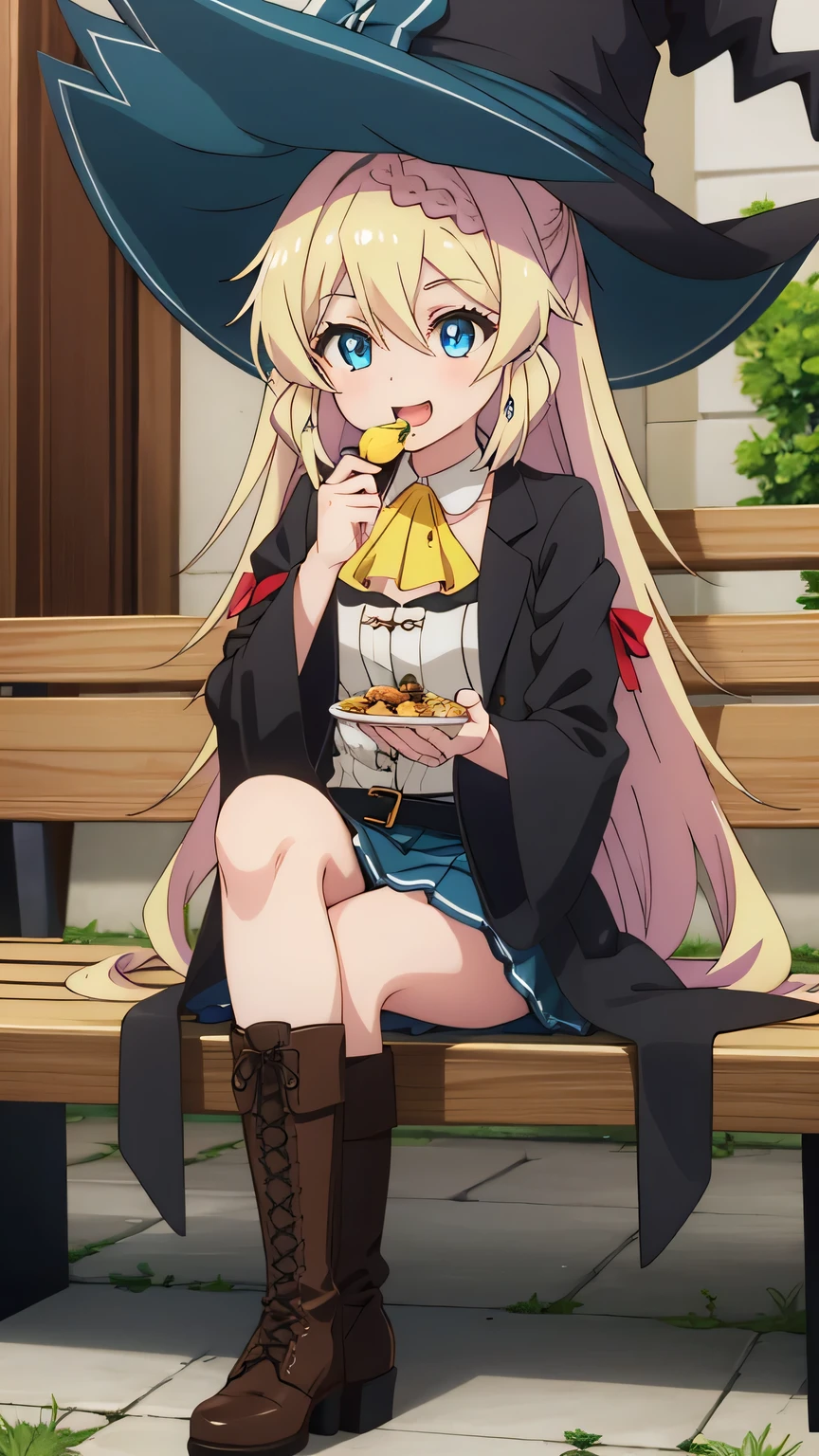 {{{masterpiece}}}, (best quality:1.5), (ultra-detailed:1.5), {illustration}, {{an extremely delicate and beautiful}}, (beautiful detailed eyes:1.6), absurdres, highres, extremely detailed face, 16k, hd, visual anime de uma jovem mulher, extremamente bonito rosto de anime, anime melhor garota, (perfect hands, perfect anatomy), anime face, Aizawa Azusa (Slime Taoshite 300-nen, Shiranai Uchi ni Level Max ni Nattemashita), aizawaazusa, 1girl, solo, cute face, long hair, blonde hair, very long hair, braid, (low-tied long hair:1.3), sidelocks, hair between eyes, blue eyes, slender, medium breasts, big hips, curvaceous, BREAK, witch, witch hat, (witch coat:1.2), black coat, long sleeves, wide sleeves, juliet sleeves, (gray lining:1.2), open coat, white shirt, detached collar, yellow ascot, strapless, black belt, green skirt, mini pleated skirt, (microskirt:1.5), white petticoat, bare legs, brown boots, Cross-laced shoes, knee boots, lace-up boots, BREAK, 1gril, solo, smiling, looking at viewer, open mouth, flushed cheeks, outdoor, sitting, bench, smile, (food:1.5), (have food:1.5), (eating:1.5)