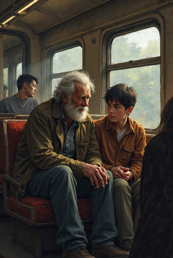 এক বুড়া লোক। আরেক জুবক ট্রেনের মধ্যে বসে আছে 