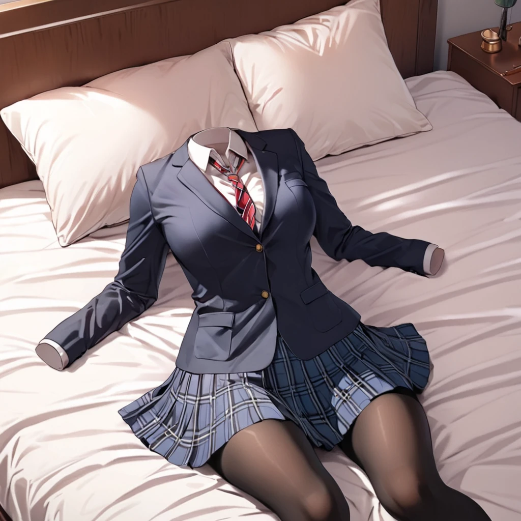 (invisible:1.5, no humans:1.5, headless:1.5, faceless:1.5), ( school uniform, school blazer, black pantyhose,lying on bed:1.2), plaid skirt, long sleeve, (big breast), (best quality, masterpiece:1.2), detailed cloth texture, detailed anime, super fine illustration,