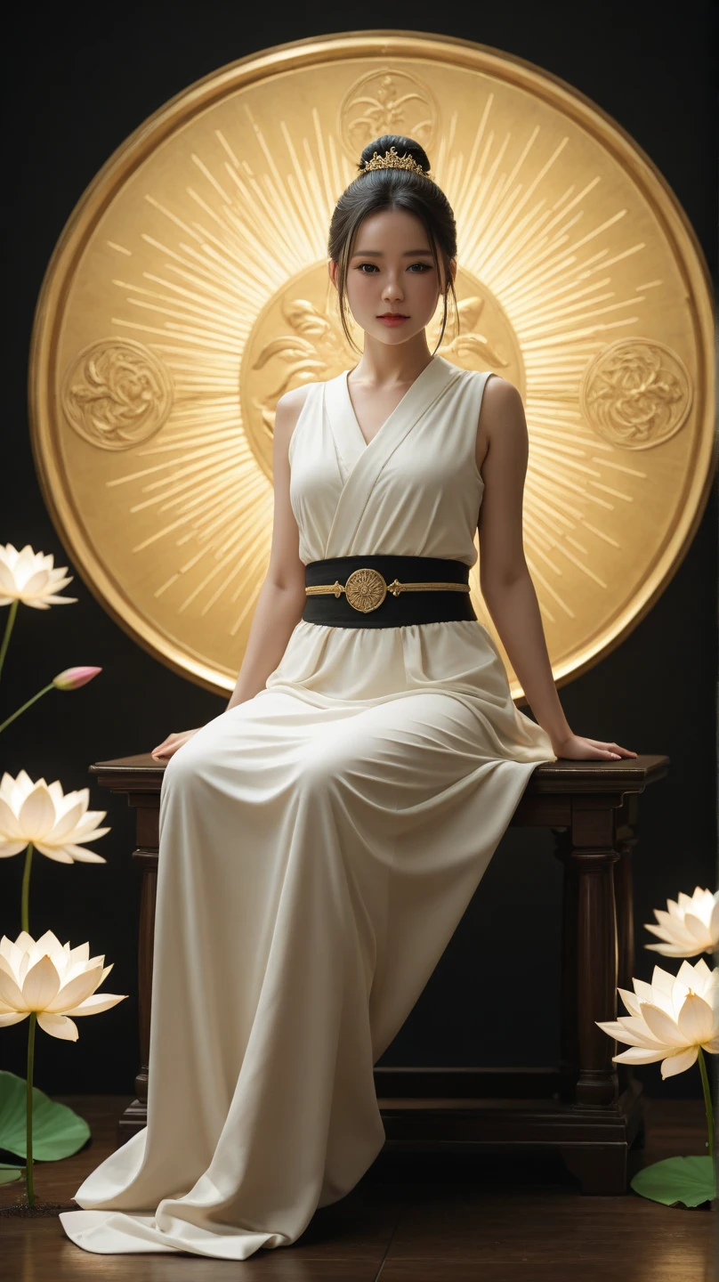 Full view of Maa Siddhidatri, fair-complexioned with radiant skin, sitting gracefully on a blooming lotus, divine light illuminating her face, sky filled with golden clouds behind, slow camera pan style, hyperrealistic 4K image

