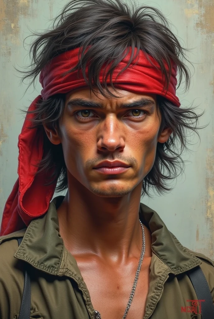Realistic John Rambo as a skinny (no muscles at all), youthful, and cute ager.  with a messy hair, and his famous red bandana. With his usual grumpy expression.