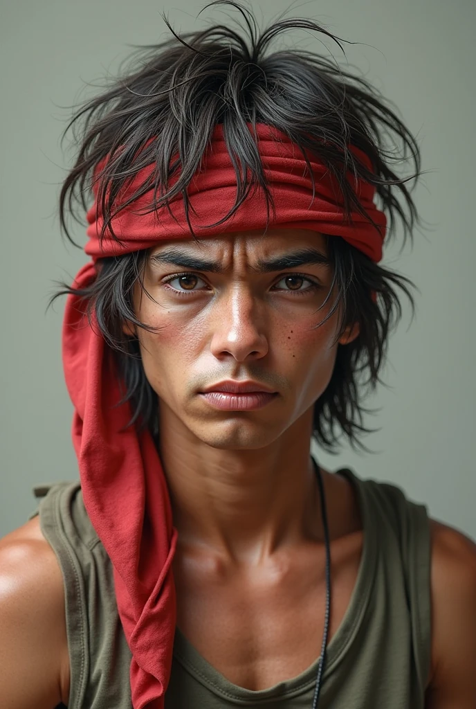 Realistic John Rambo as a skinny (no muscles at all), youthful, and cute ager.  with a messy hair, and his famous red bandana. With his usual grumpy expression.
