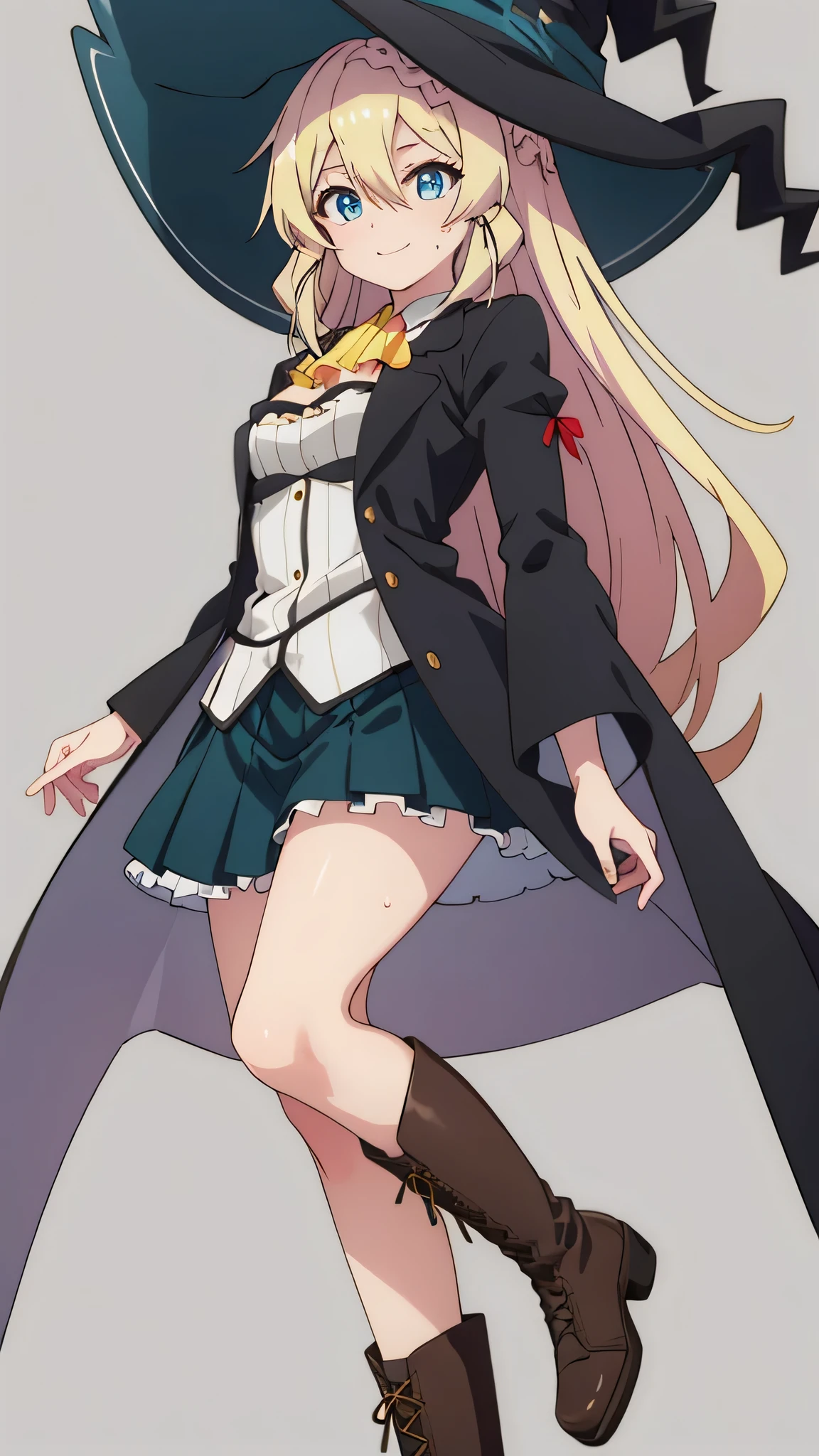 {{{masterpiece}}}, (best quality:1.5), (ultra-detailed:1.5), {illustration}, {{an extremely delicate and beautiful}}, (beautiful detailed eyes:1.6), absurdres, highres, extremely detailed face, 16k, hd, visual anime de uma jovem mulher, extremamente bonito rosto de anime, anime melhor garota, (perfect hands, perfect anatomy), anime face, Aizawa Azusa (Slime Taoshite 300-nen, Shiranai Uchi ni Level Max ni Nattemashita), aizawaazusa, 1girl, solo, cute face, long hair, blonde hair, very long hair, braid, (low-tied long hair:1.3), sidelocks, hair between eyes, blue eyes, slender, medium breasts, big hips, curvaceous, BREAK, witch, witch hat, (witch coat:1.2), black coat, long sleeves, wide sleeves, juliet sleeves, (gray lining:1.2), open coat, white shirt, detached collar, yellow ascot, strapless, black belt, green skirt, mini pleated skirt, (microskirt:1.5), white petticoat, bare legs, brown boots, Cross-laced shoes, knee boots, lace-up boots, BREAK, thighs thighs thighs thighs, (From below:1.2), Super shiny hair and skin, , (Sweaty body, Dynamism), A lively smile, Perfect eyes, Perfect hands, Perfect nose, arena, peer in from below, looking at viewer, daytime, from below, dutch angle, medium close-up shot