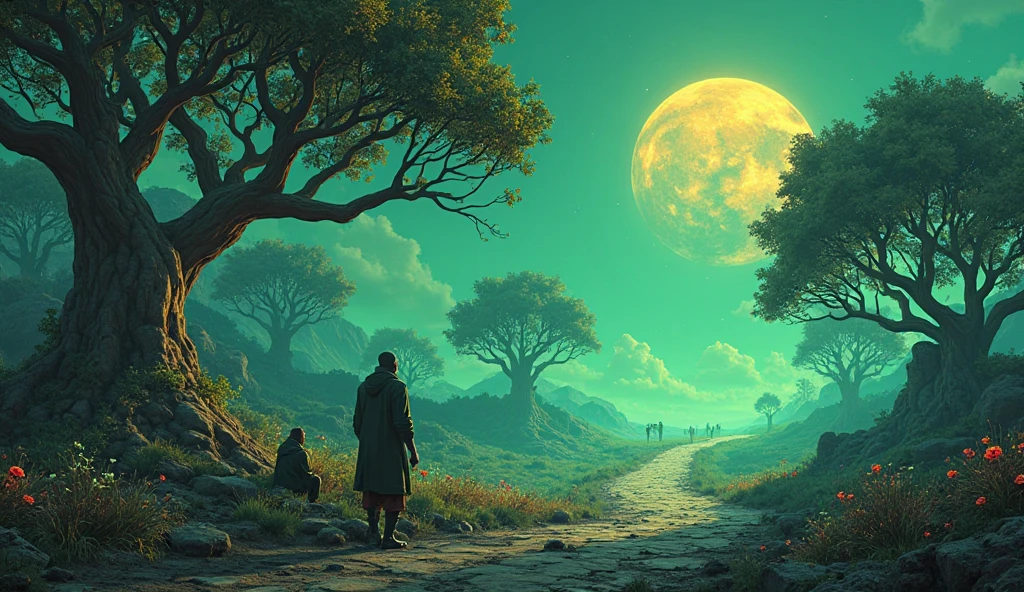 Kepler 22b, A gas giant with a habitable satellite, to create a green environment, (( a lot of whimsically curved trees)), (( a lot of strange, fabulously beautiful and bright colors)),  ((Front view)) two men, conquerors of worlds, walk along a wide path, One, sitting on a cliff by the road, waiting for the second, лежат не нужные опрокинутые empty  инвалидные кресла, ((empty  инвалидные кресла)) (( empty )) alien flora and fauna, (( разнообразная alien flora and fauna )), ((  strange alien animals are running through a clearing)), (( big age-old trees,   The foliage  , Seems, glows from the inside))    glowing flowers   