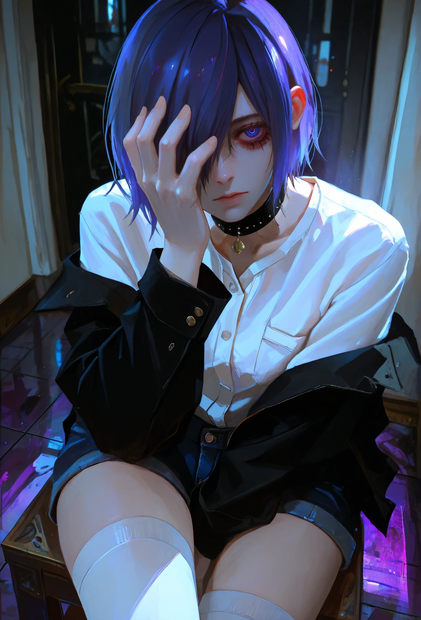 highly detailed, ultra-detailed, finely crafted features, Cinematic lighting, photorealistic, Moody Atmosphere, a young girl, ((short blue-purple hair covering left side of her face: covering one eye)), ((blue- purple eye)), calm face features, Beautiful face, Accurate proportions, White shirt, Gothic neck, black jacket jeans, Black short jeans, white stockings, sitting on the floor in sadness, home style, 8k, dark lighting , masterpiece ((kirishima Touka from Tokyo ghoul))