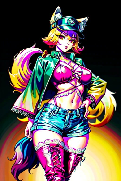 A smug narcissistic pink haired woman wearing a pink bra and blue pants and lots of jewelry flaunting herself