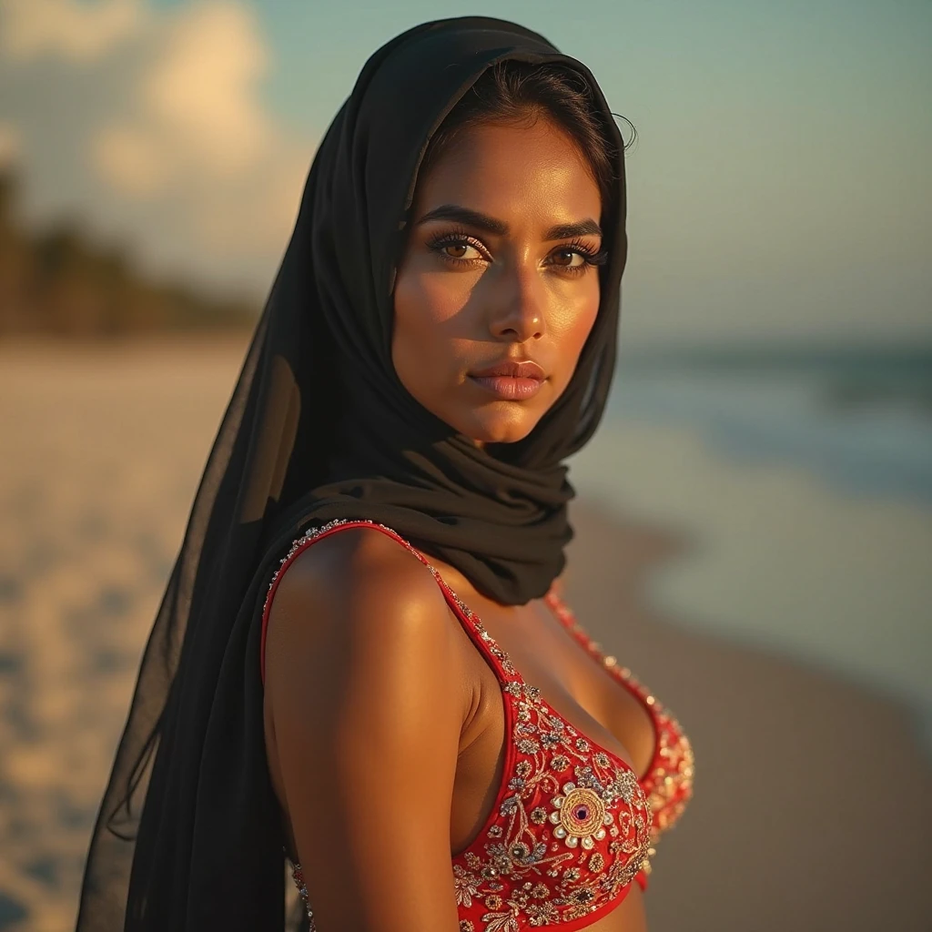 brown, brown complexion, realistic, with modern hijab, big black eyes, aspect arabe, big nose, undefined eyebrows, teint lisse,bikini,big tits,full body