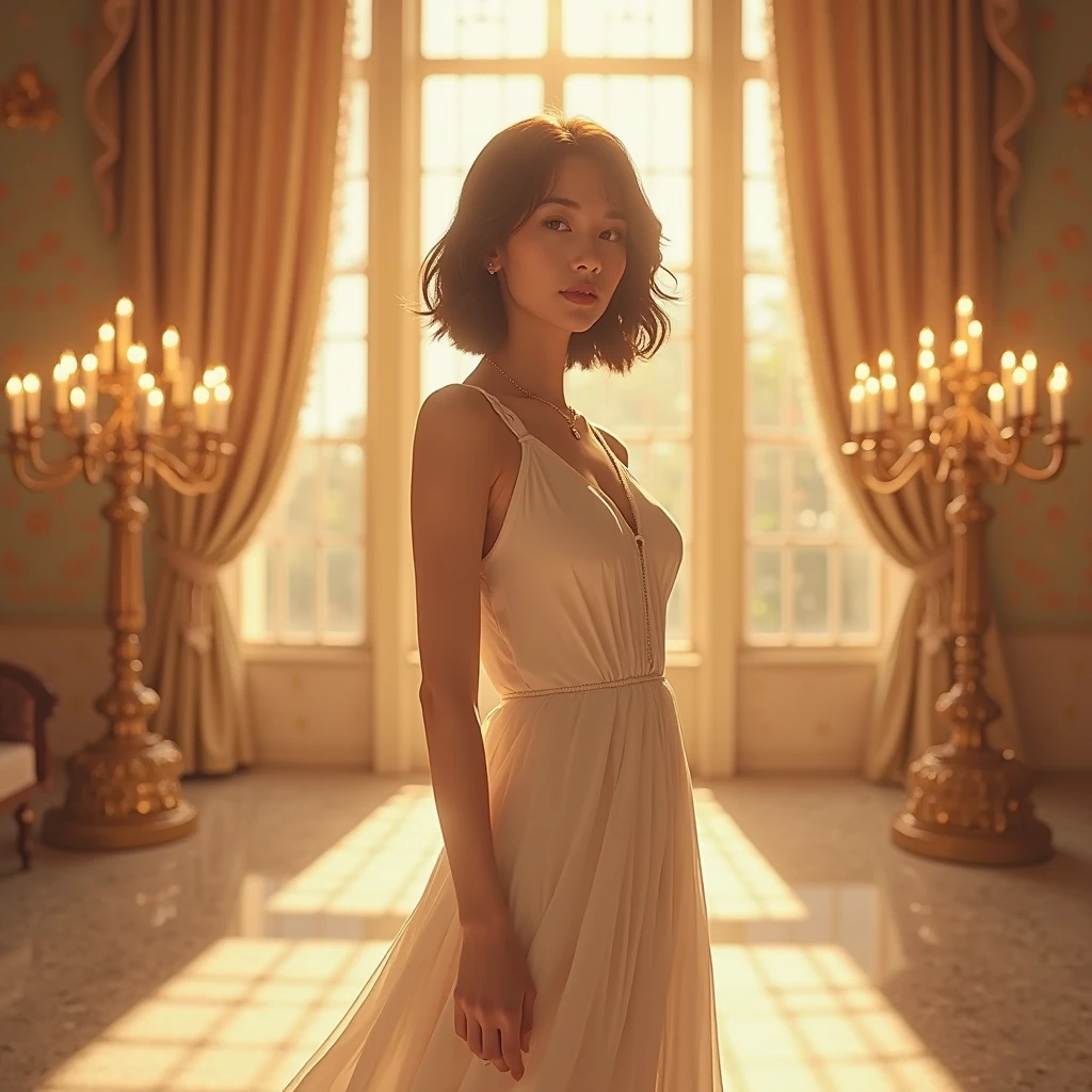A 35-year-old woman standing alone in the same luxurious indoor setting with warm anime style, golden color grading. She is wearing a half-white elegant dress that flows gracefully. Her posture is poised and calm, exuding confidence and sophistication. The lighting is soft and radiant, with golden hues gently highlighting her skin and dress. Behind her, chandelier lights emit a warm glow while sunlight streams through tall windows. Shadows are soft, with a slight vignette effect to center focus. The color palette remains rich in warm golds, soft beiges, and delicate highlights for a high-end, cinematic look.


