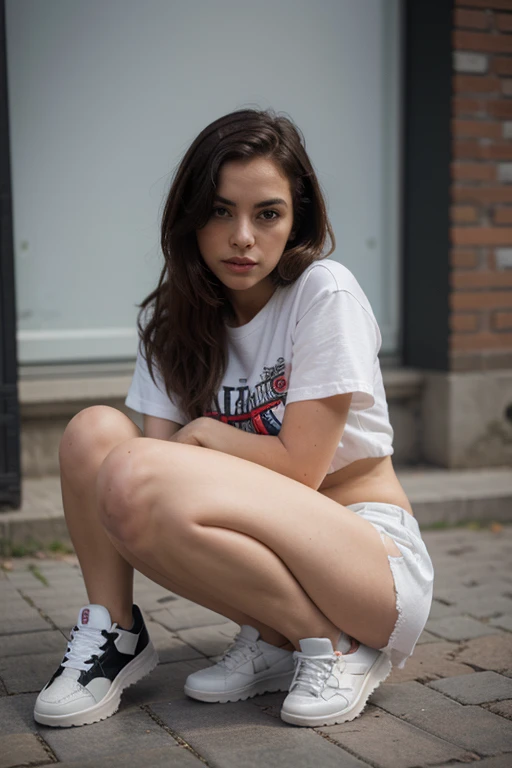 fille jeune et jolie assise en culotte blanche et t-shirt jambes ecartées de dos dans une  rue de paris