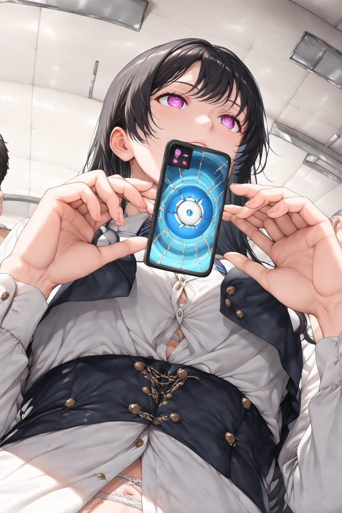 ( From the above:1.3)、( cute girls1人:1.3), cute girls, Black Hair Long Hair 、 uniform, white underwear:1.1, ( above clothes:1.3, bras :1.5), viewers, ( expressionless ), ( boy holding a smartphone , mind control app :1.2), Classroom, not suitable for work